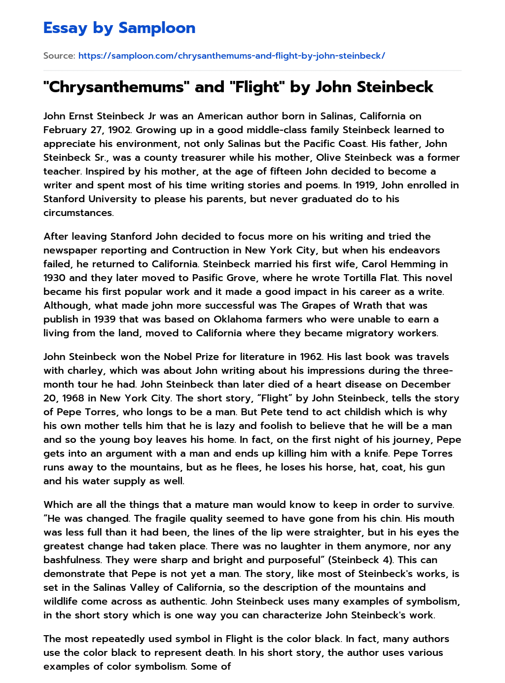 "Chrysanthemums" and "Flight" by John Steinbeck Free Essay Sample on