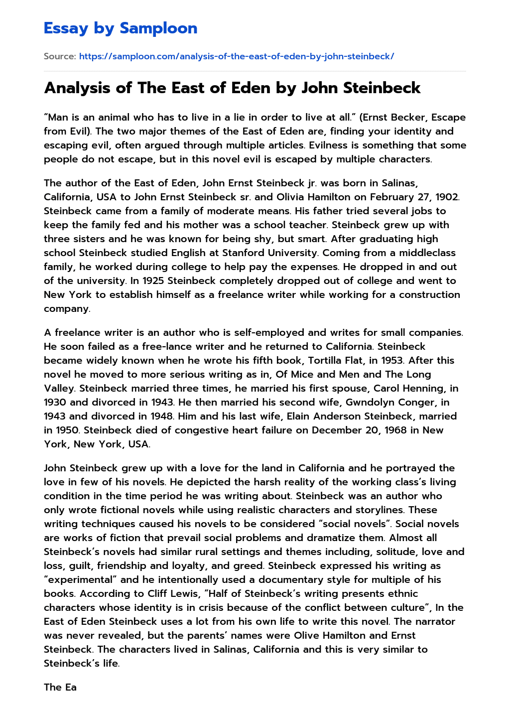 ≫ Analysis of The East of Eden by John Steinbeck Free Essay Sample on