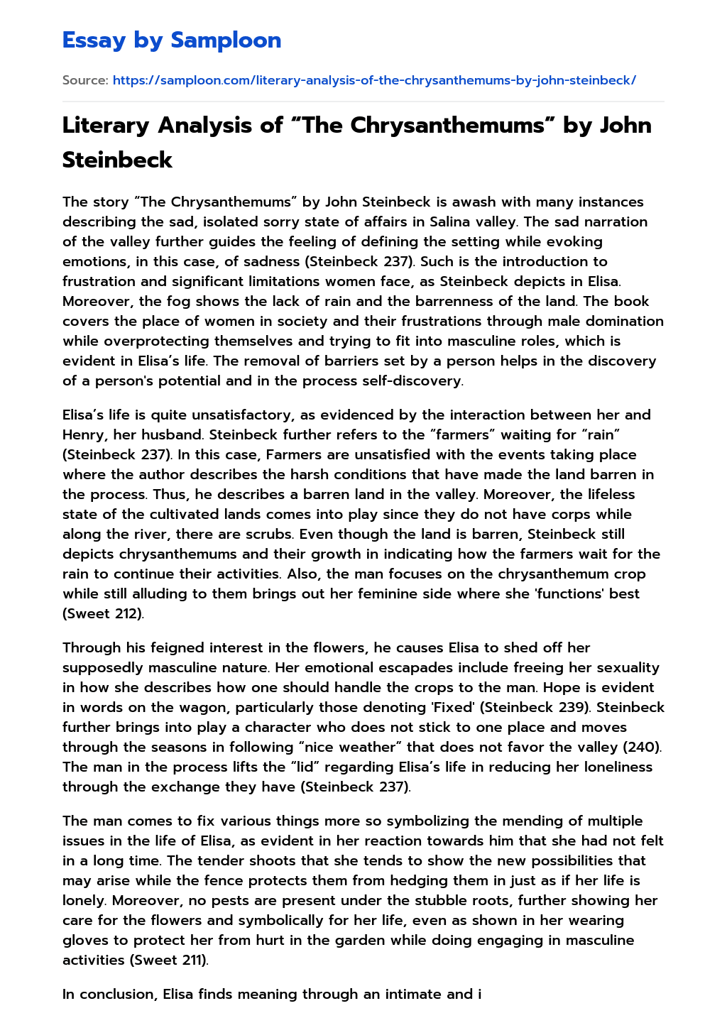 ≫ Literary Analysis of “The Chrysanthemums” by John Steinbeck Free