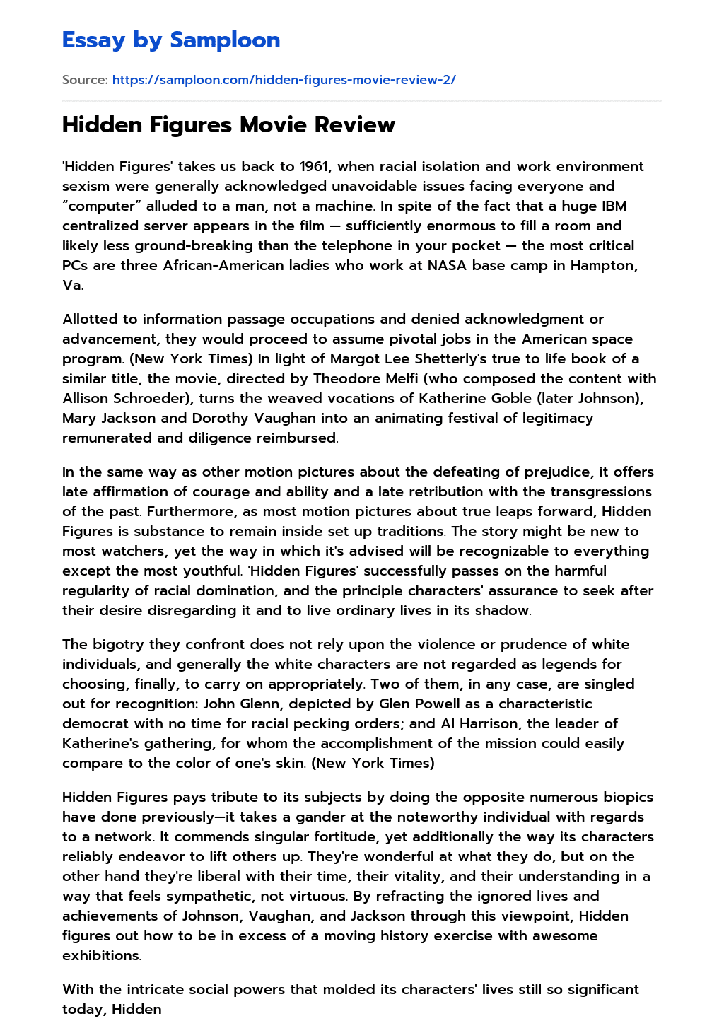 ≫ Hidden Figures Movie Review Free Essay Sample on