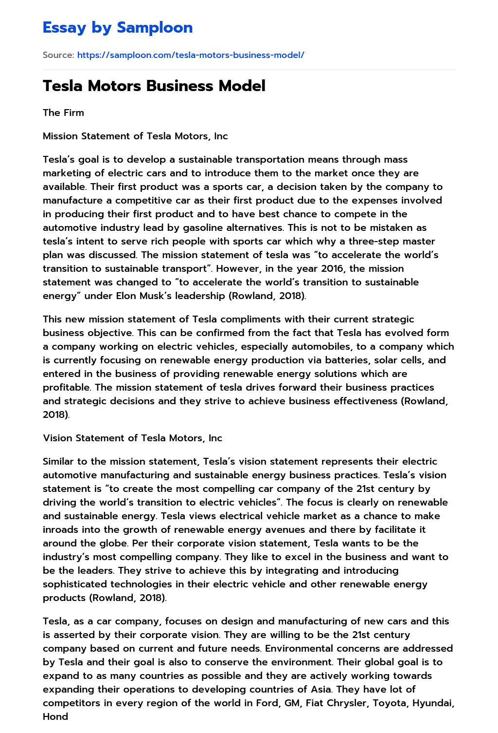 ≫ Tesla Motors Business Model Free Essay Sample on