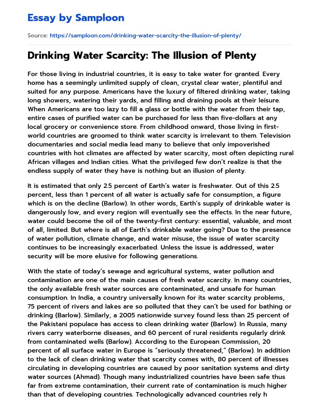 ≫ Drinking Water Scarcity The Illusion of Plenty Free Essay Sample on
