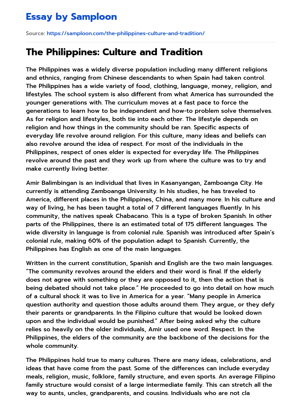 ≫ The Philippines Culture and Tradition Free Essay Sample on