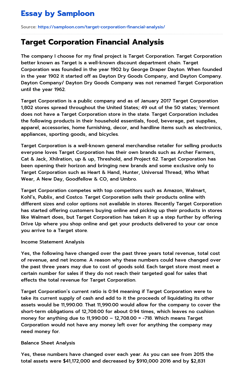 ≫ Target Corporation Financial Analysis Free Essay Sample on