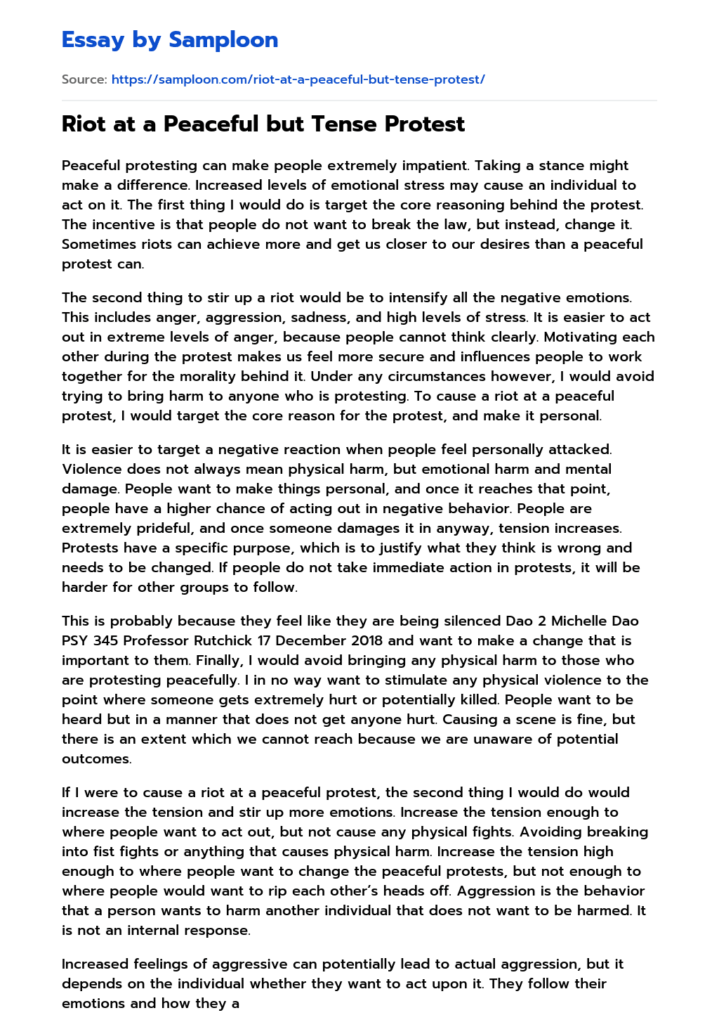 ≫ Riot at a Peaceful but Tense Protest Free Essay Sample on