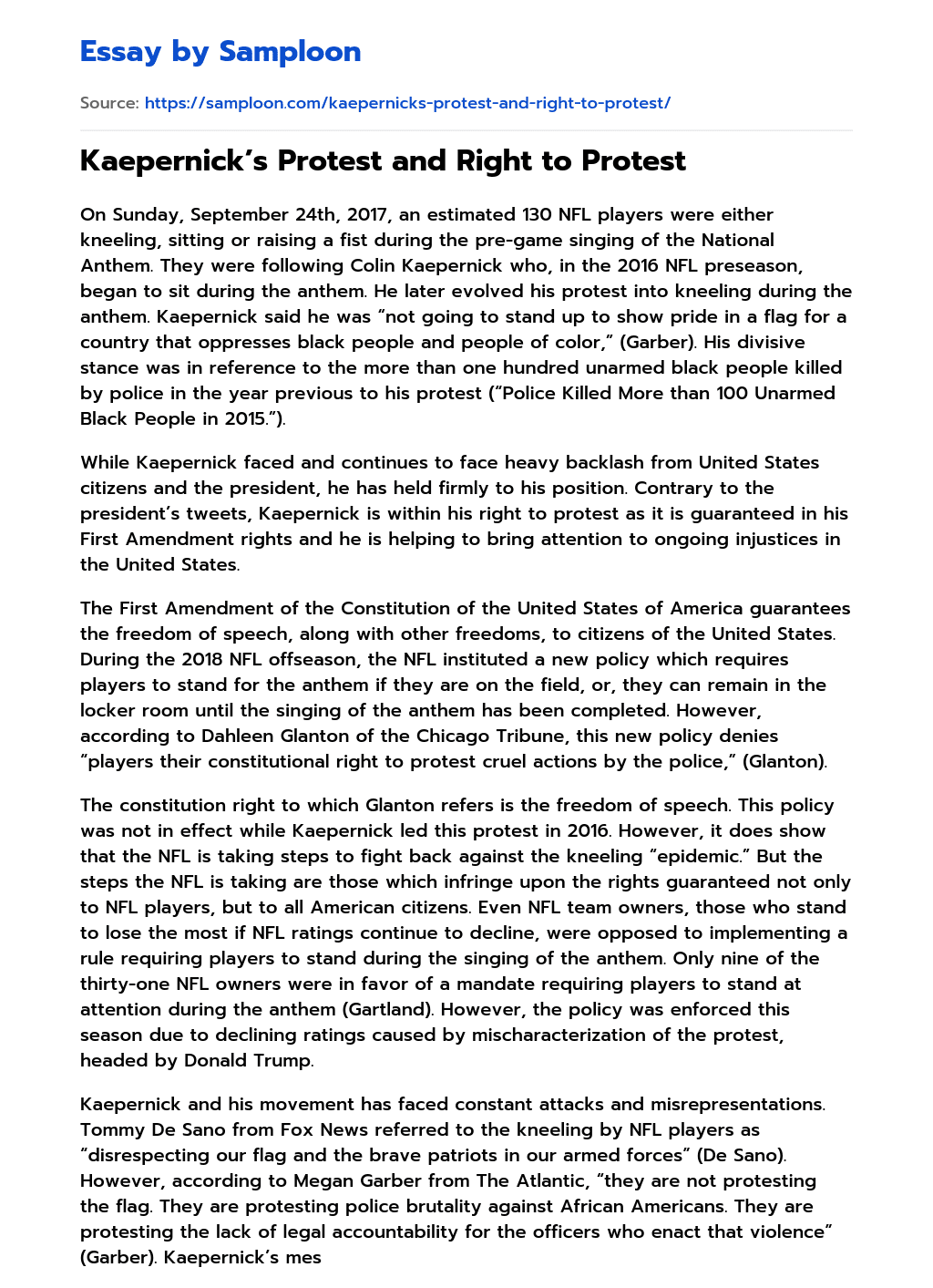 ≫ Kaepernick’s Protest and Right to Protest Free Essay Sample on