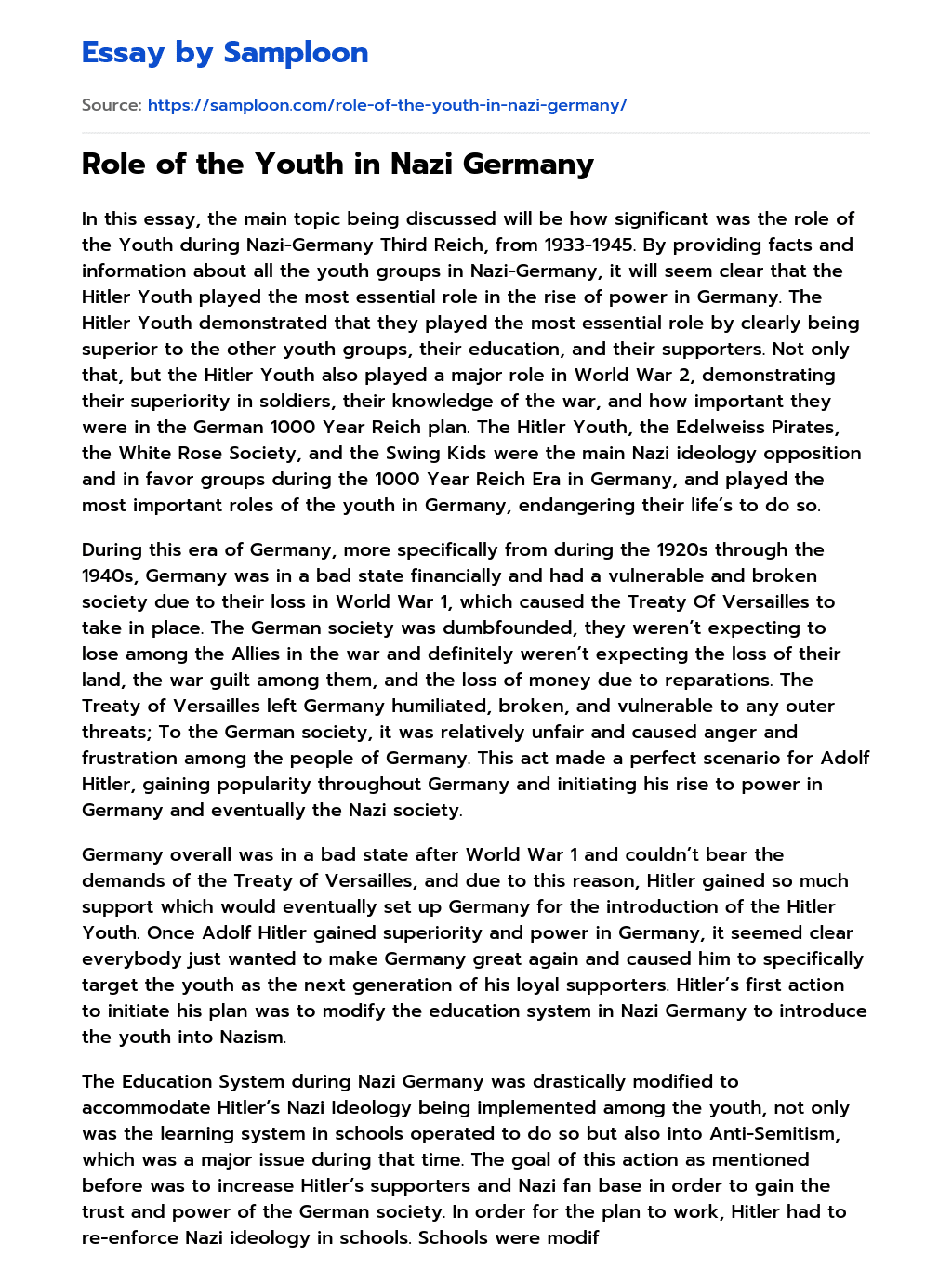 ≫ Role of the Youth in Nazi Germany Free Essay Sample on