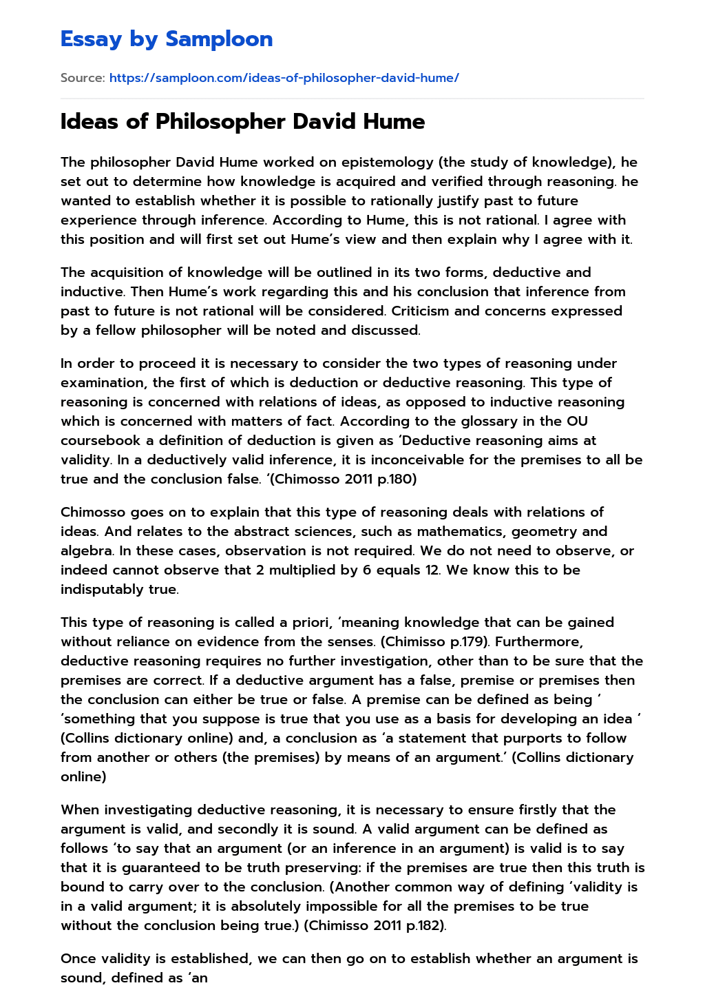 Ideas of Philosopher David Hume Argumentative Essay on