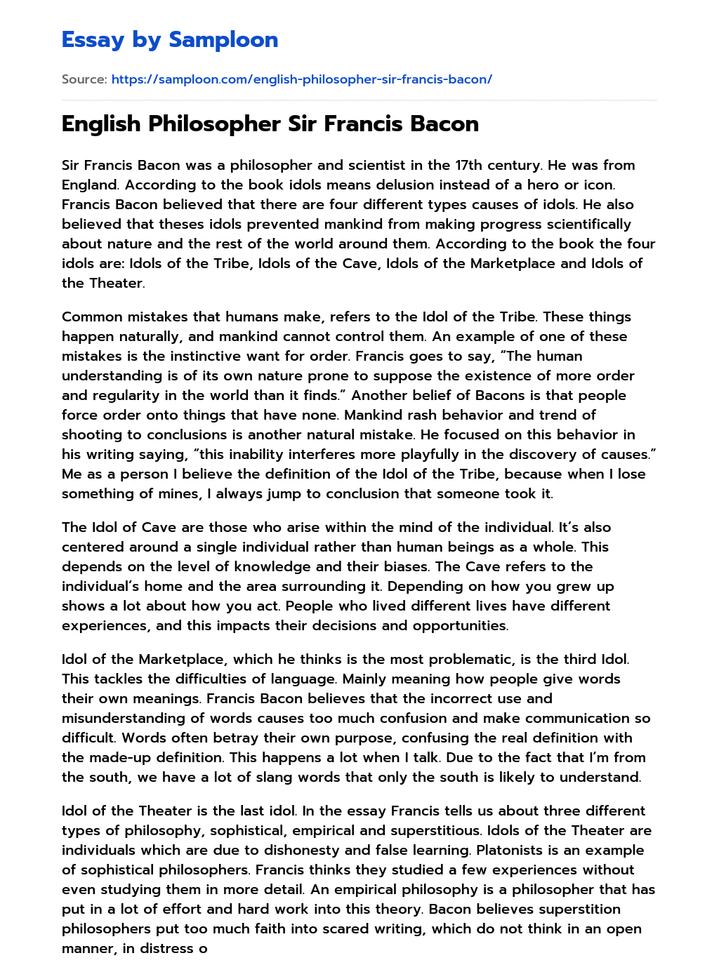 ≫ English Philosopher Sir Francis Bacon Free Essay Sample on