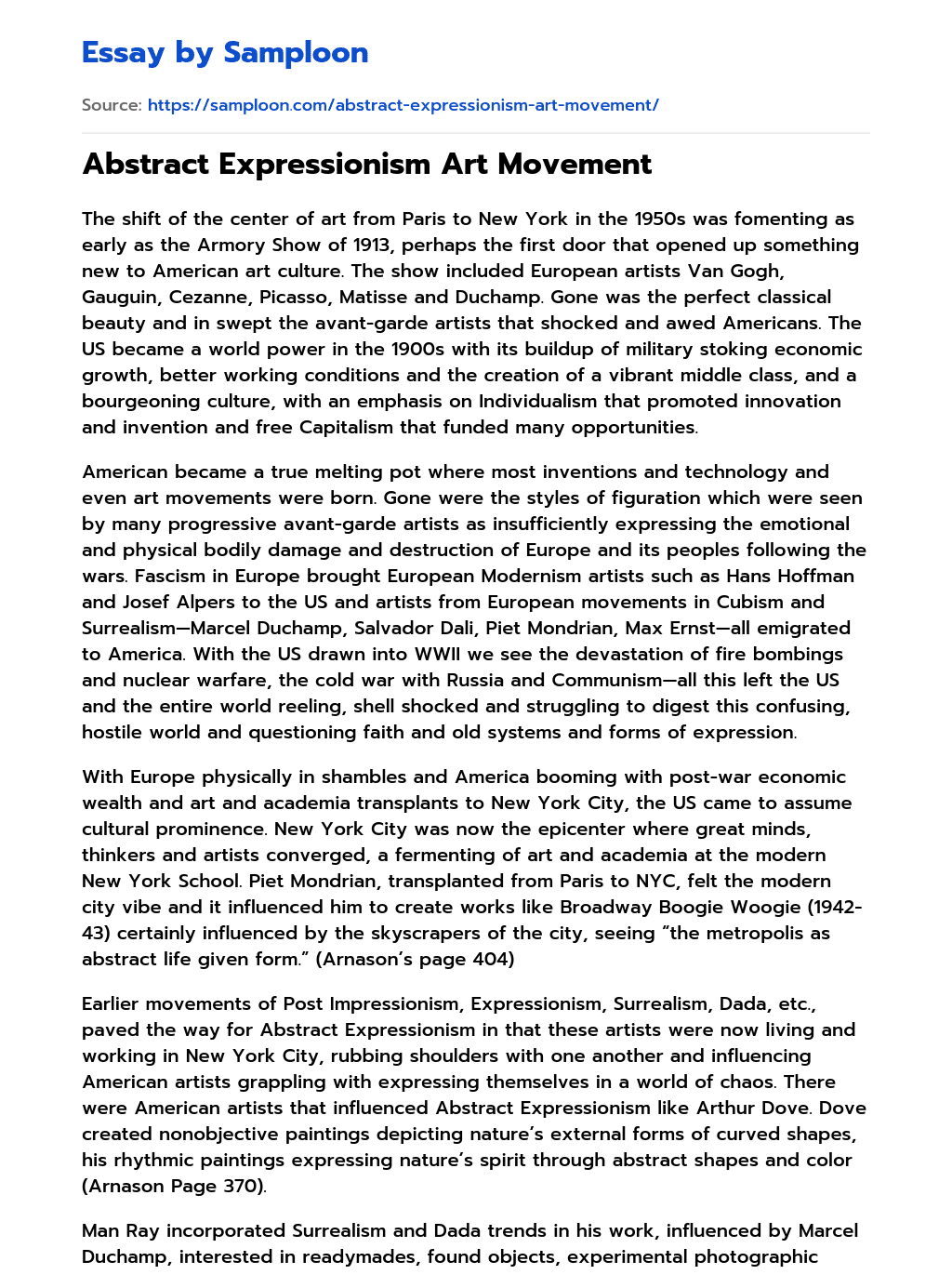 ≫ Abstract Expressionism Art Movement Free Essay Sample on