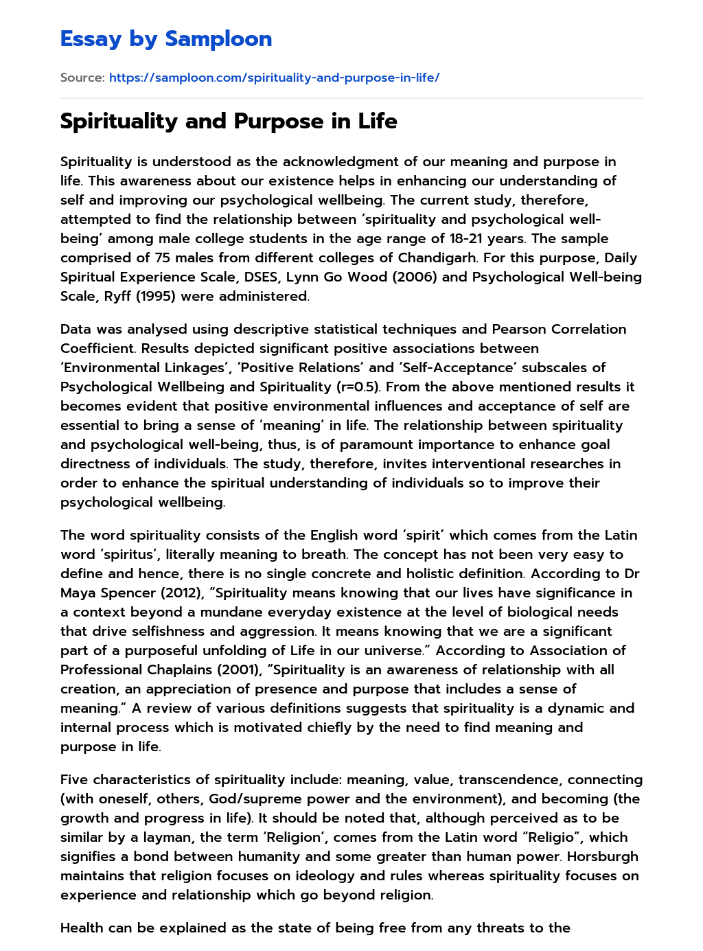 ≫ Spirituality and Purpose in Life Free Essay Sample on