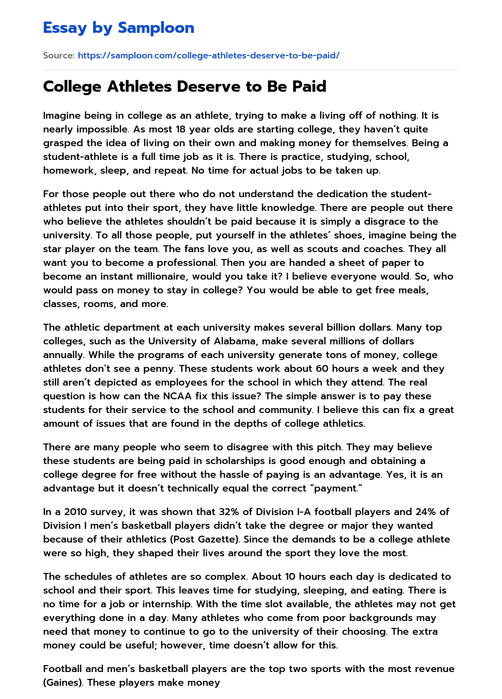 ≫ College Athletes Deserve to Be Paid Free Essay Sample on
