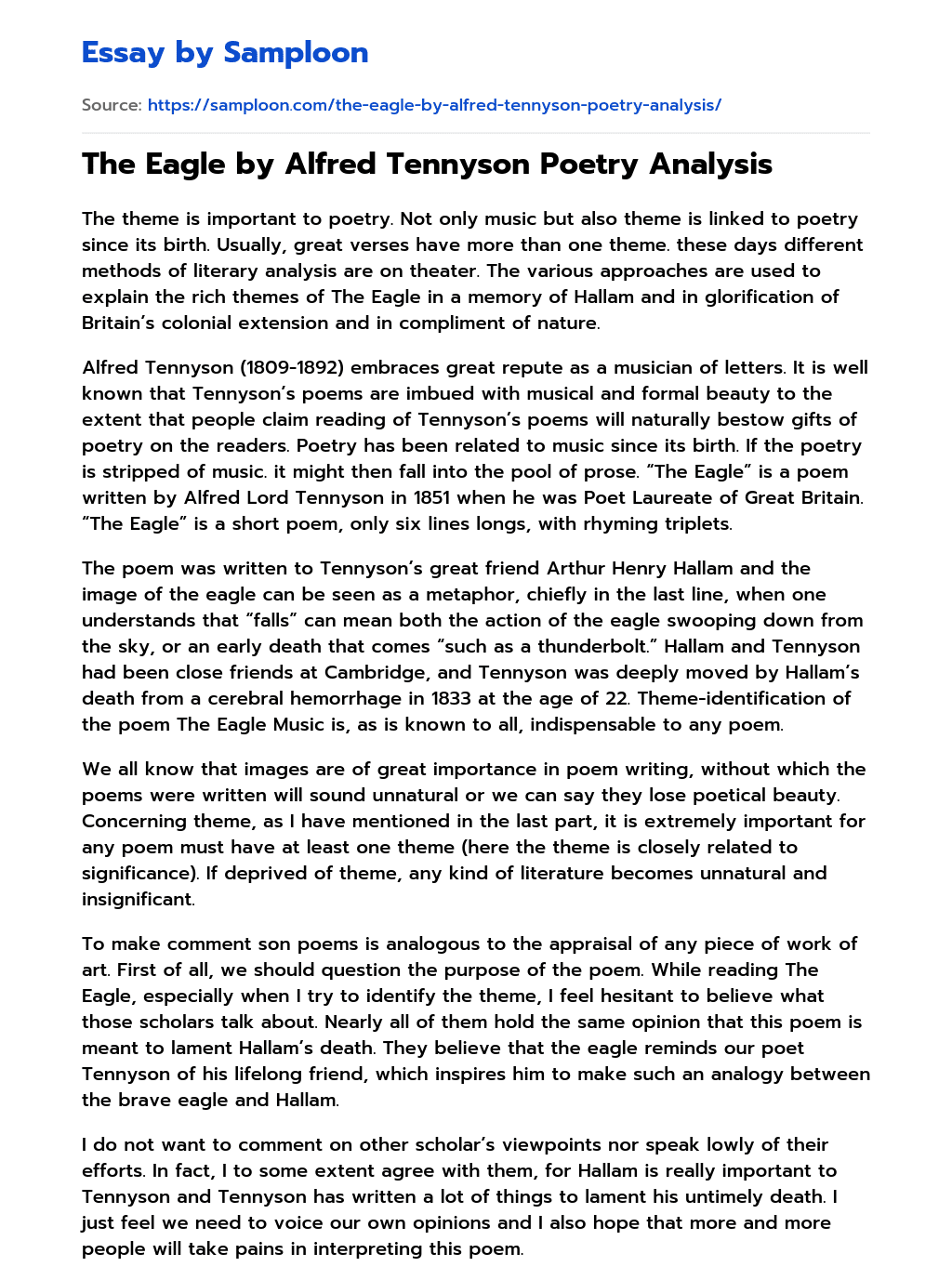 ≫ The Eagle by Alfred Tennyson Poetry Analysis Free Essay Sample on