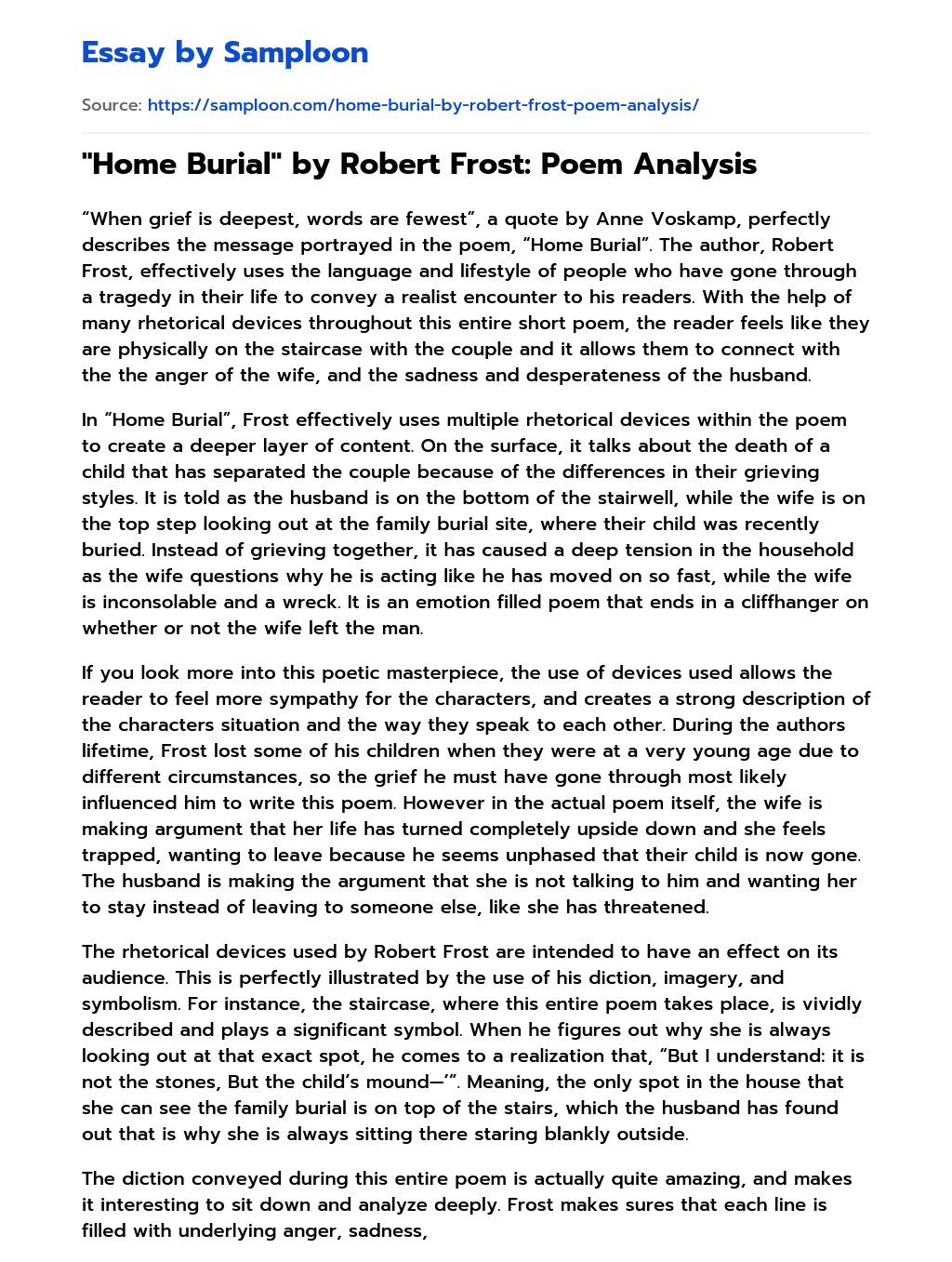 ≫ "Home Burial" by Robert Frost Poem Analysis Free Essay Sample on