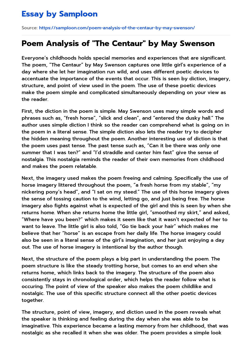 Poem Analysis of "The Centaur" by May Swenson Free Essay Sample on