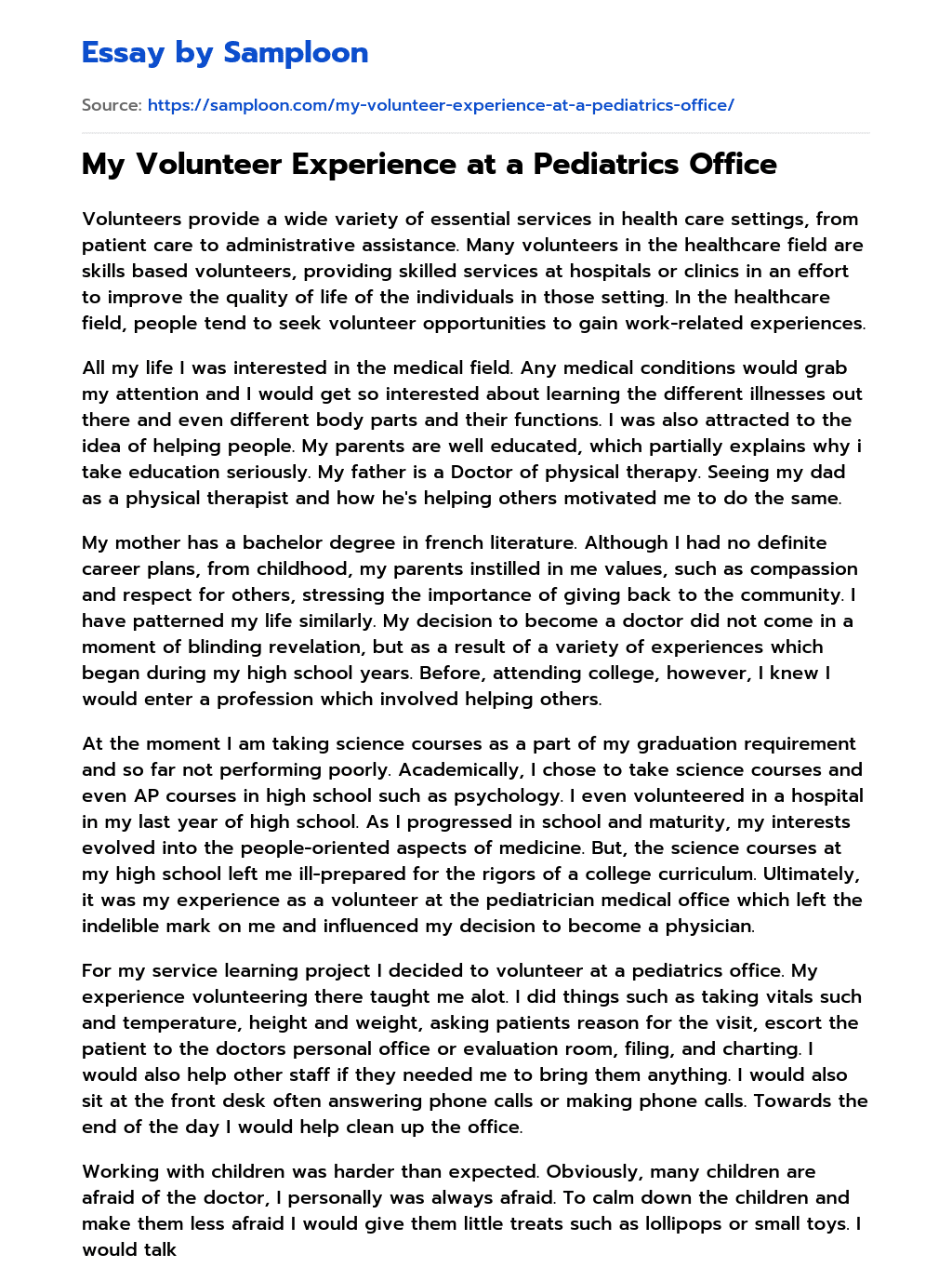 ≫ My Volunteer Experience at a Pediatrics Office Free Essay Sample on ≫ My Volunteer Experience at a Pediatrics Office Free Essay Sample on
