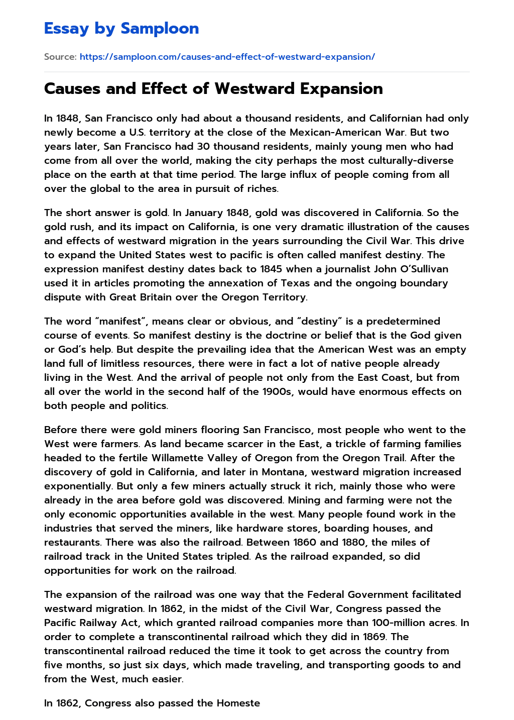 ≫ Causes and Effect of Westward Expansion Free Essay Sample on