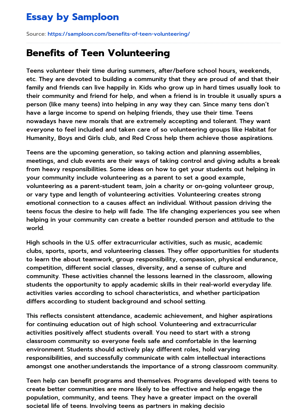 ≫ Benefits of Teen Volunteering Free Essay Sample on