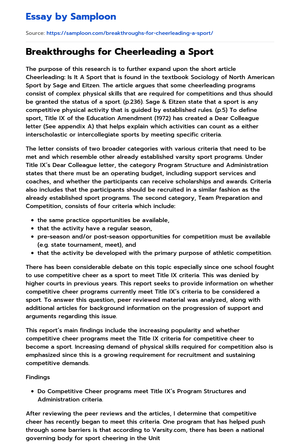 ≫ Breakthroughs for Cheerleading a Sport Free Essay Sample on