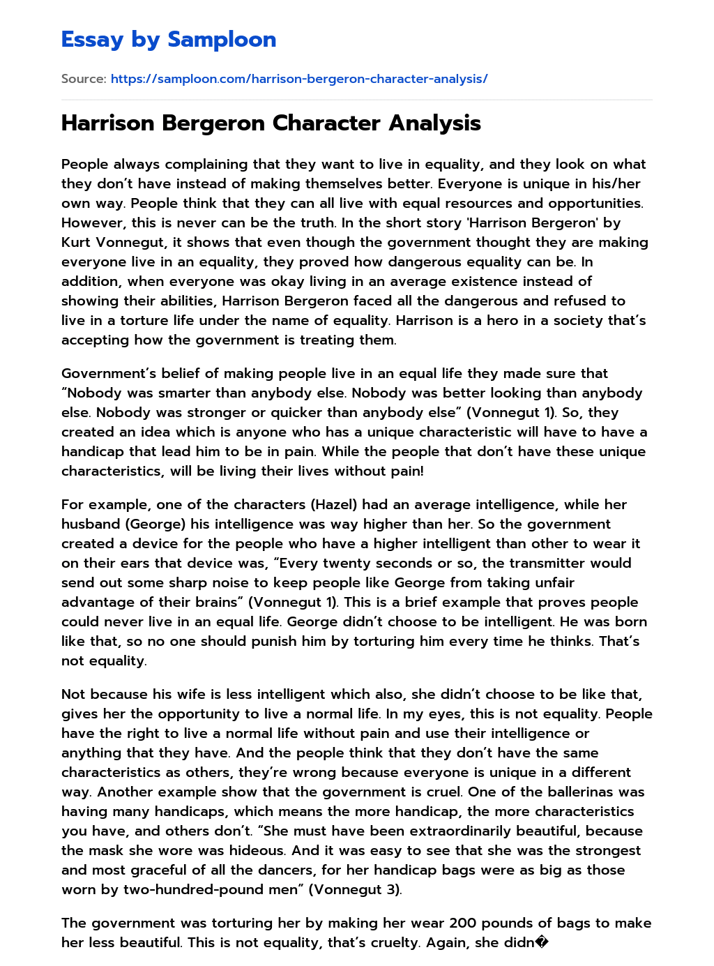 ≫ Harrison Bergeron Character Analysis Free Essay Sample on