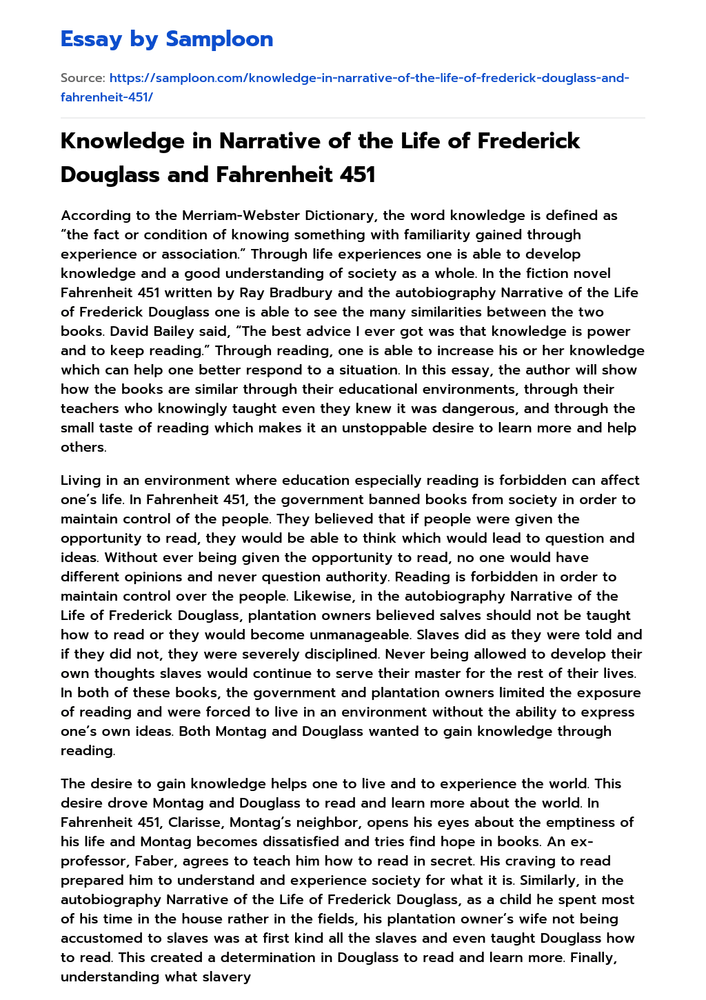 ≫ Knowledge in Narrative of the Life of Frederick Douglass and
