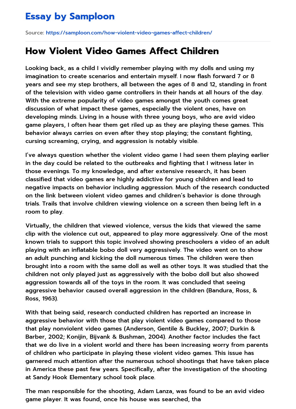 ≫ How Violent Video Games Affect Children Free Essay Sample on