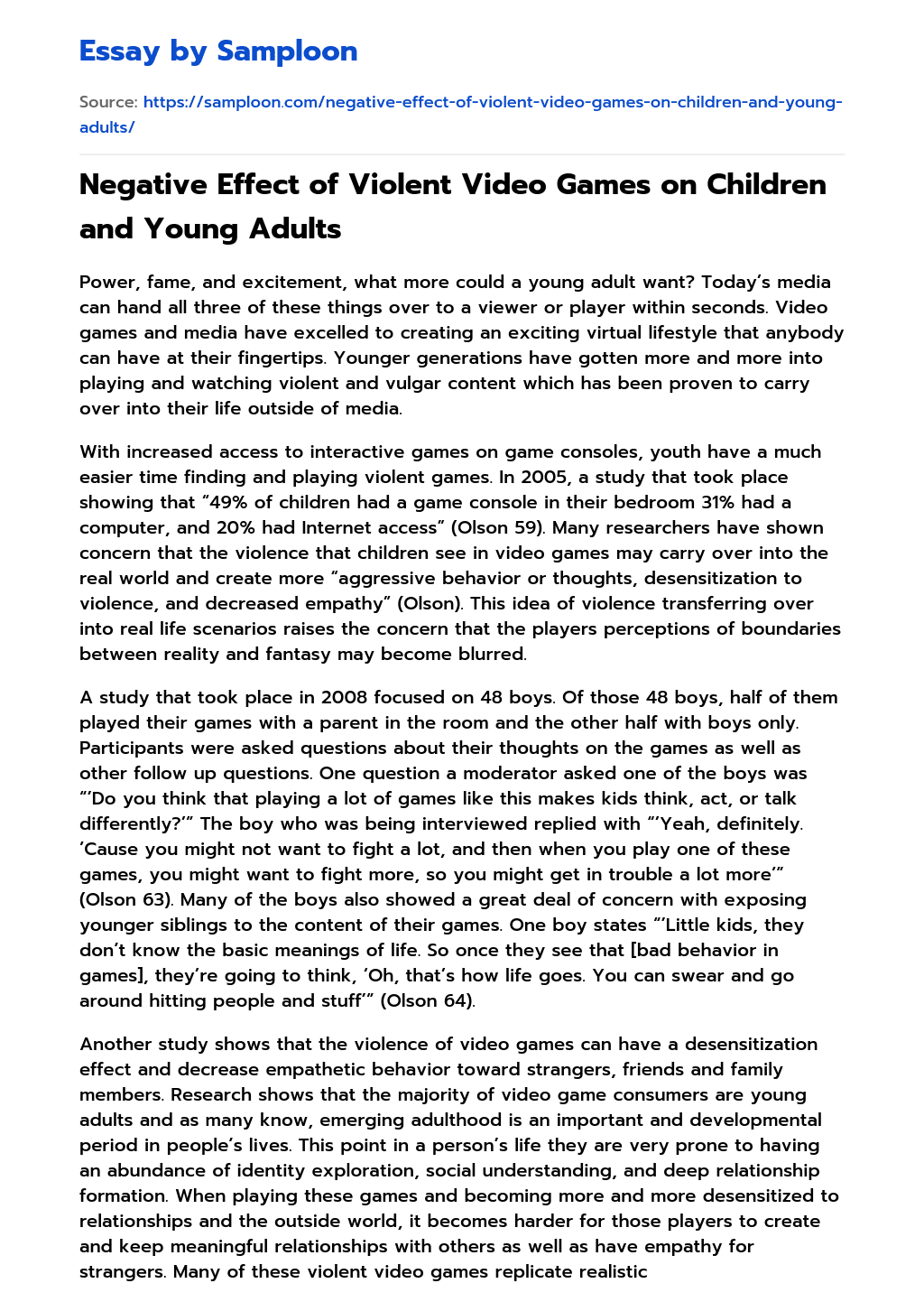 ≫ Negative Effect of Violent Video Games on Children and Young Adults