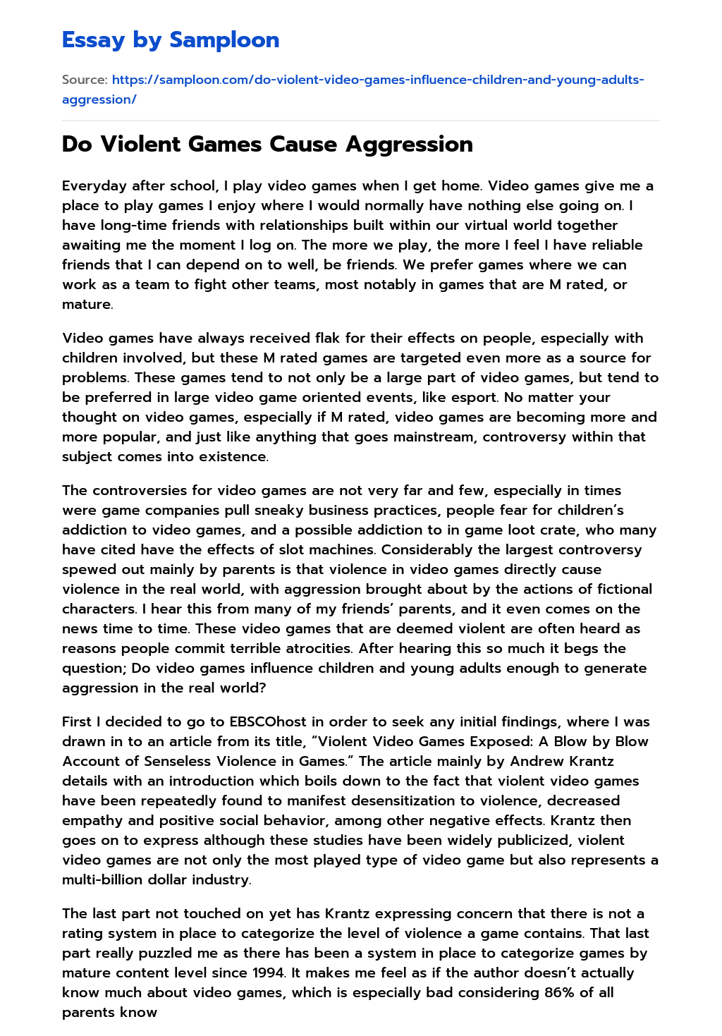 ≫ Do Violent Games Cause Aggression Free Essay Sample on