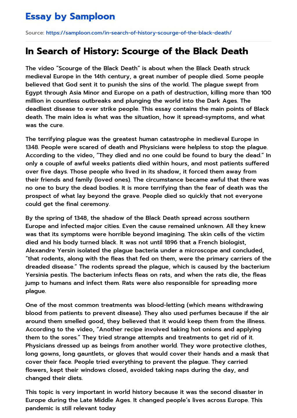 ≫ In Search of History Scourge of the Black Death Free Essay Sample on