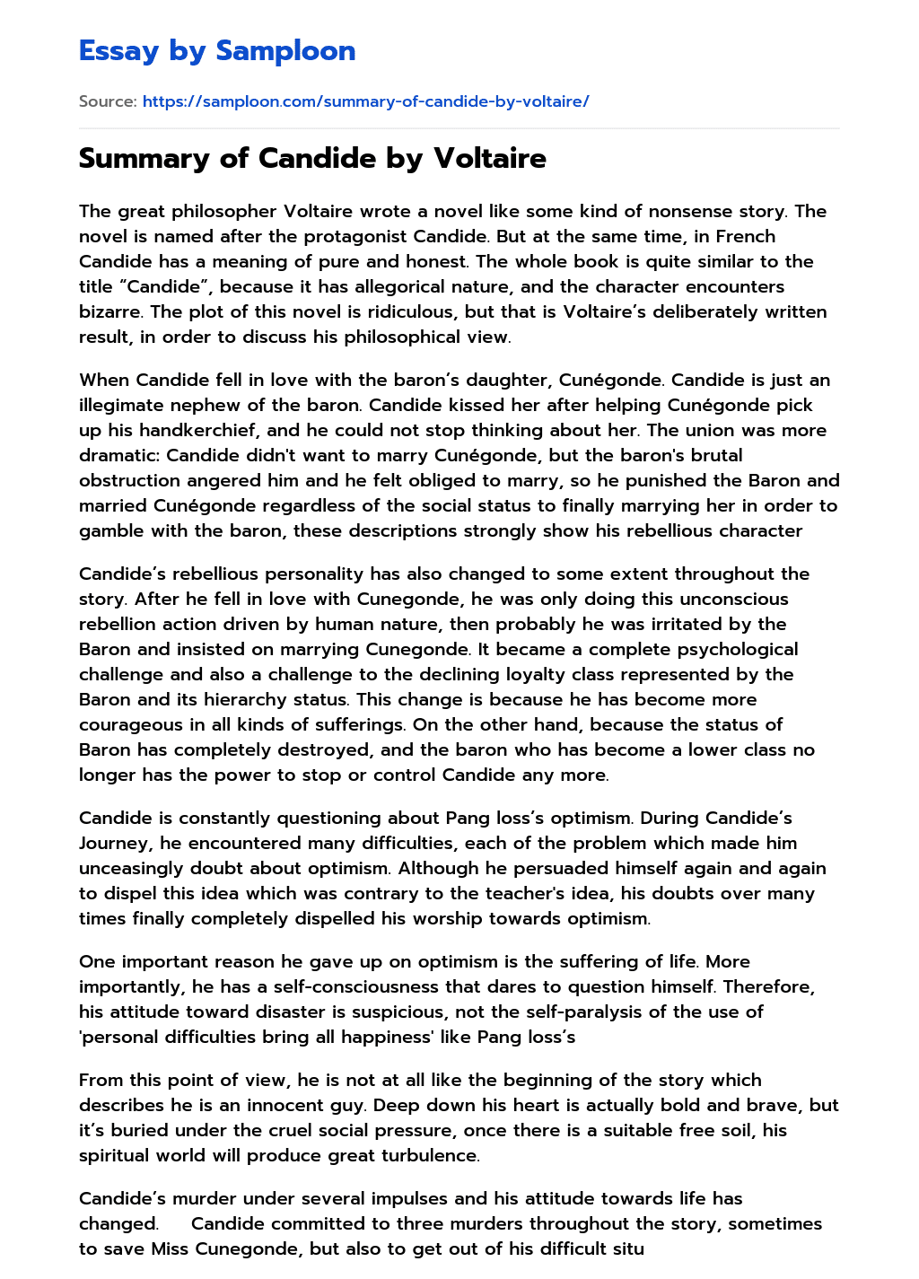 ≫ Summary of Candide by Voltaire Free Essay Sample on