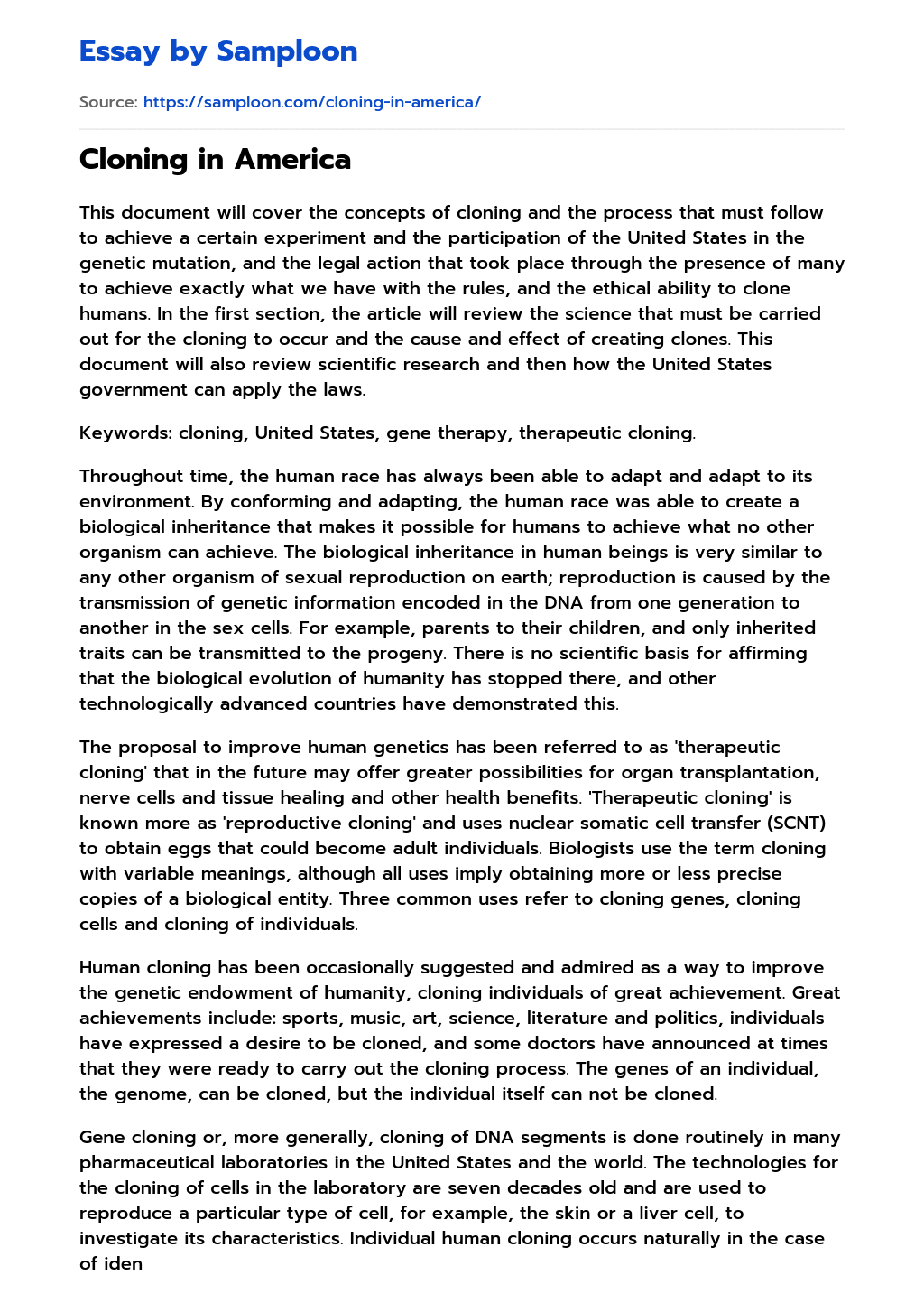 ≫ Cloning in America Free Essay Sample on