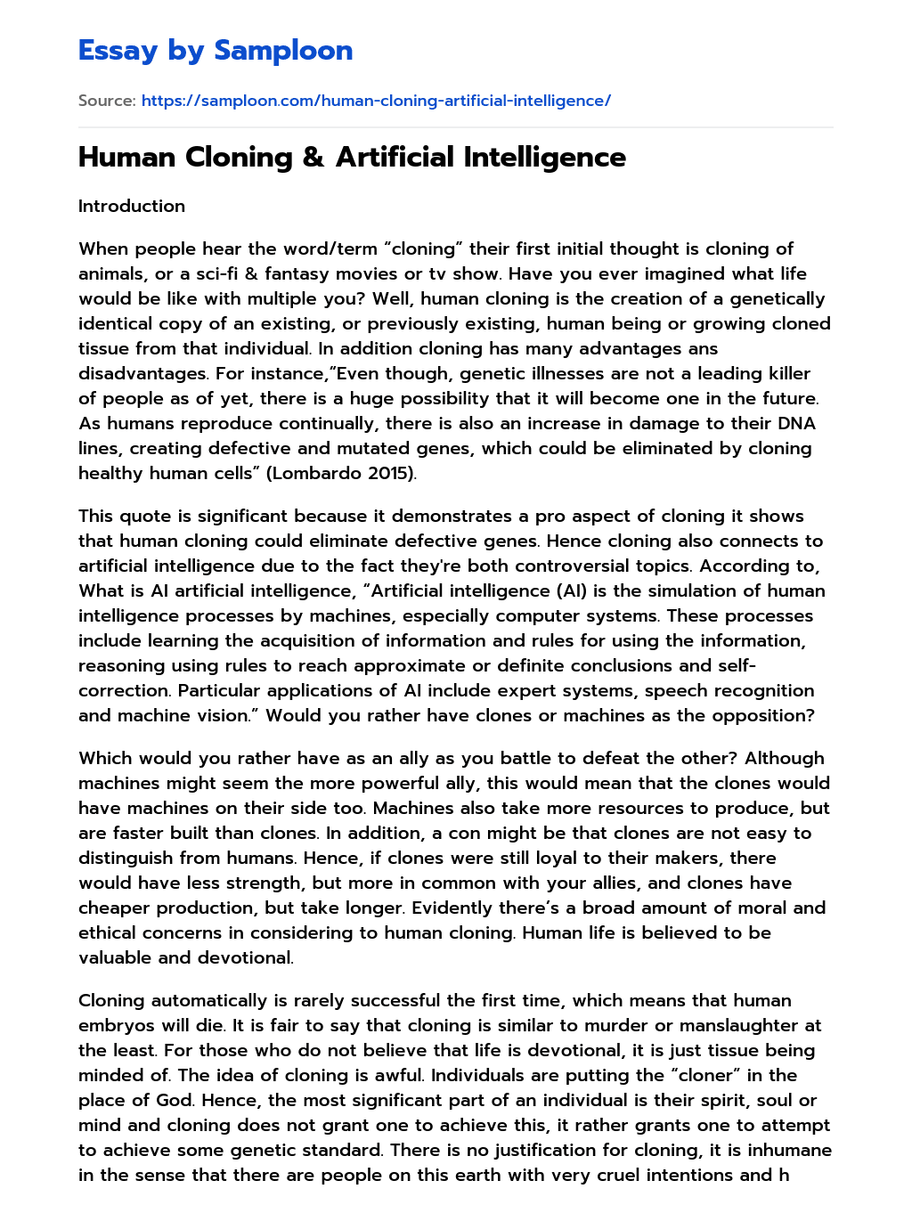 ≫ Human Cloning & Artificial Intelligence Free Essay Sample on