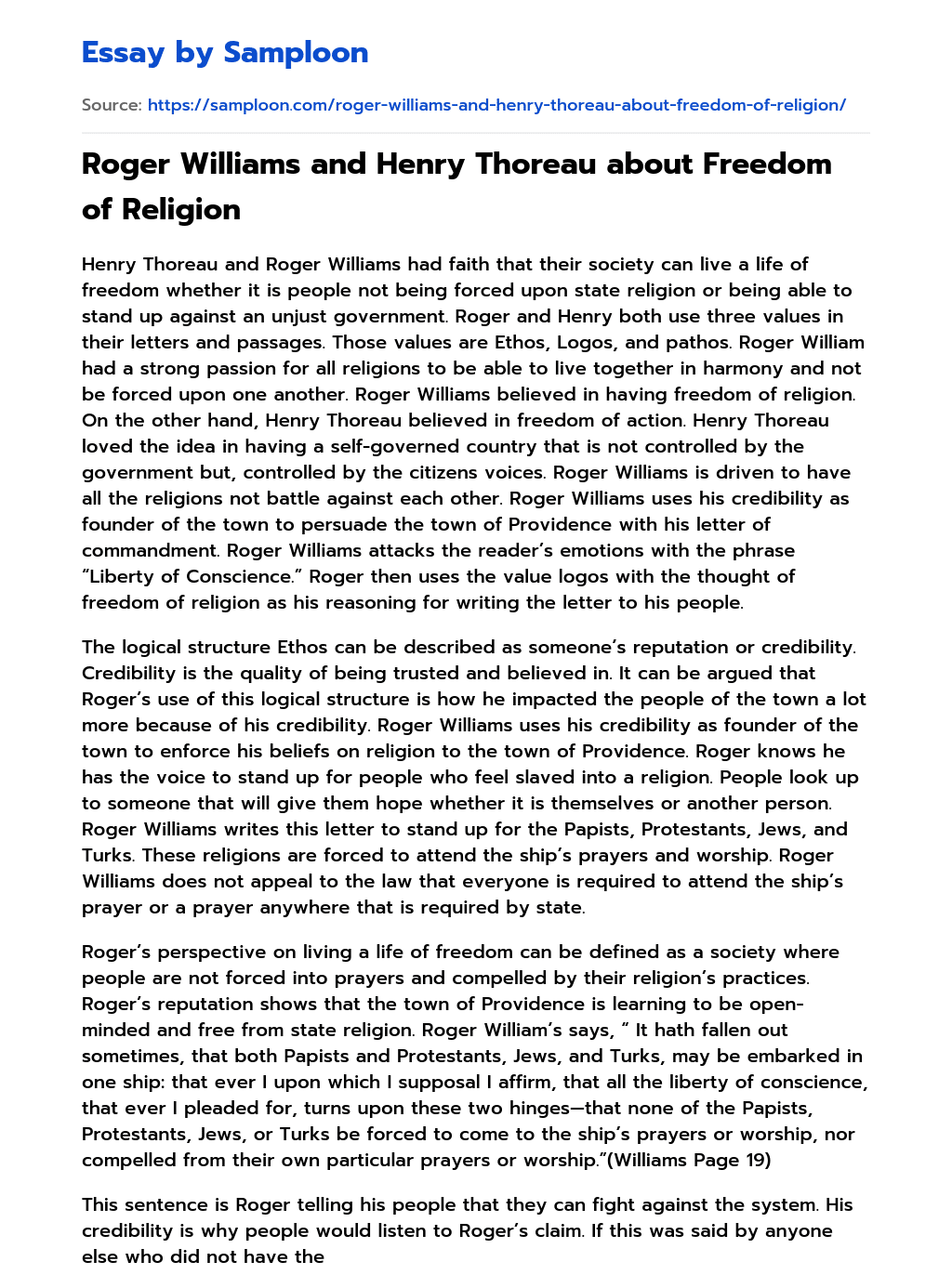 ≫ Roger Williams and Henry Thoreau about Freedom of Religion Free Essay