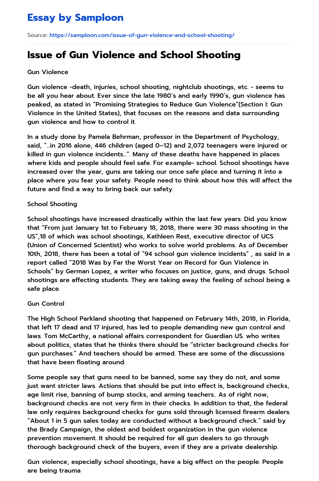 ≫ Issue of Gun Violence and School Shooting Free Essay Sample on