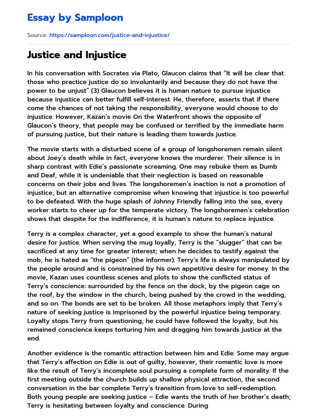 ≫ Justice and Injustice Free Essay Sample on