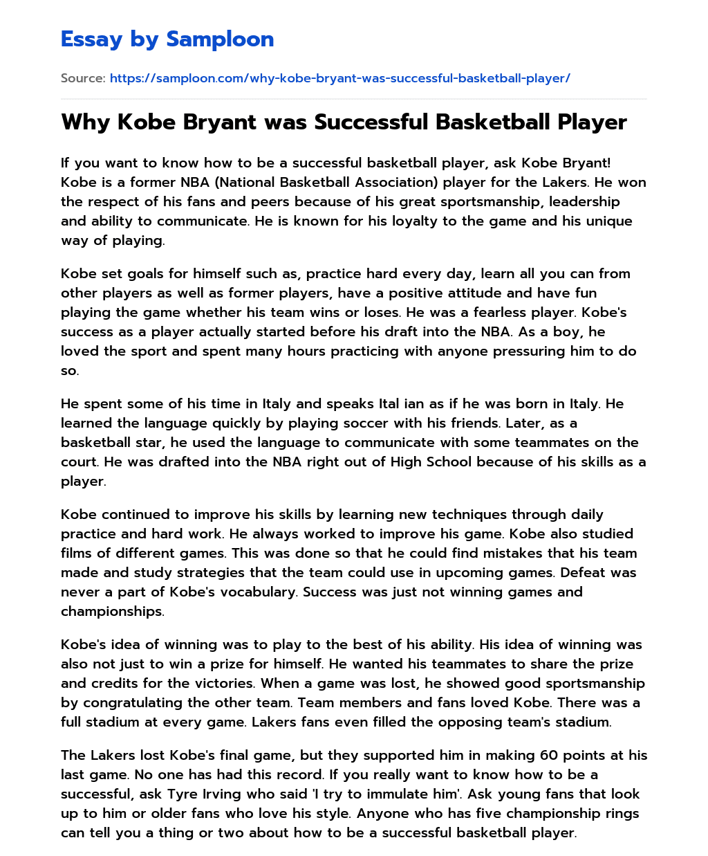 ≫ Why Kobe Bryant was Successful Basketball Player Free Essay Sample on