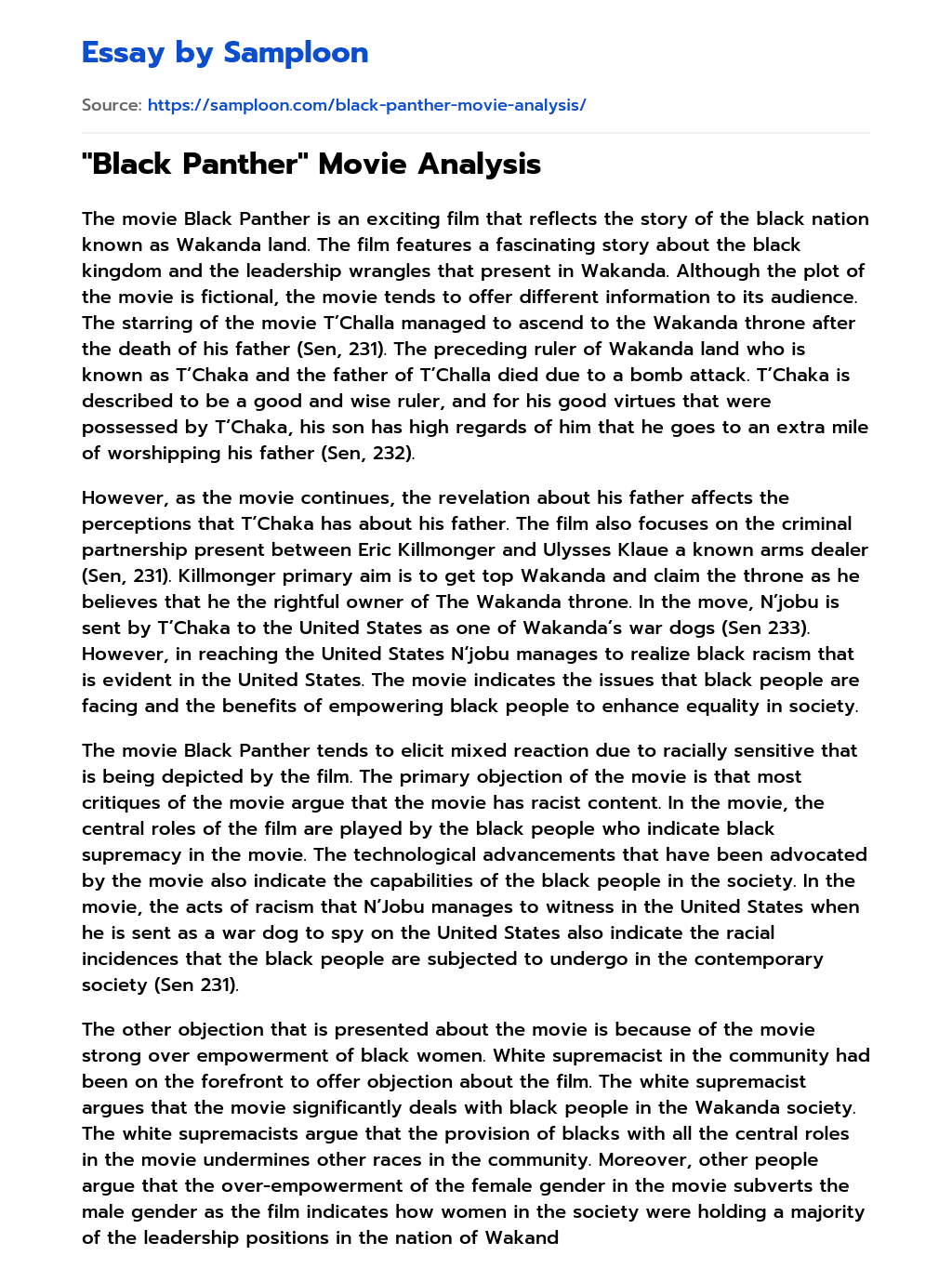 ≫ "Black Panther" Movie Analysis Free Essay Sample on