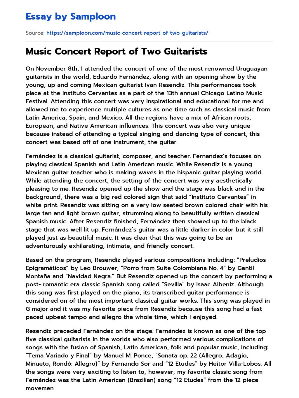 ≫ Music Concert Report of Two Guitarists Free Essay Sample on