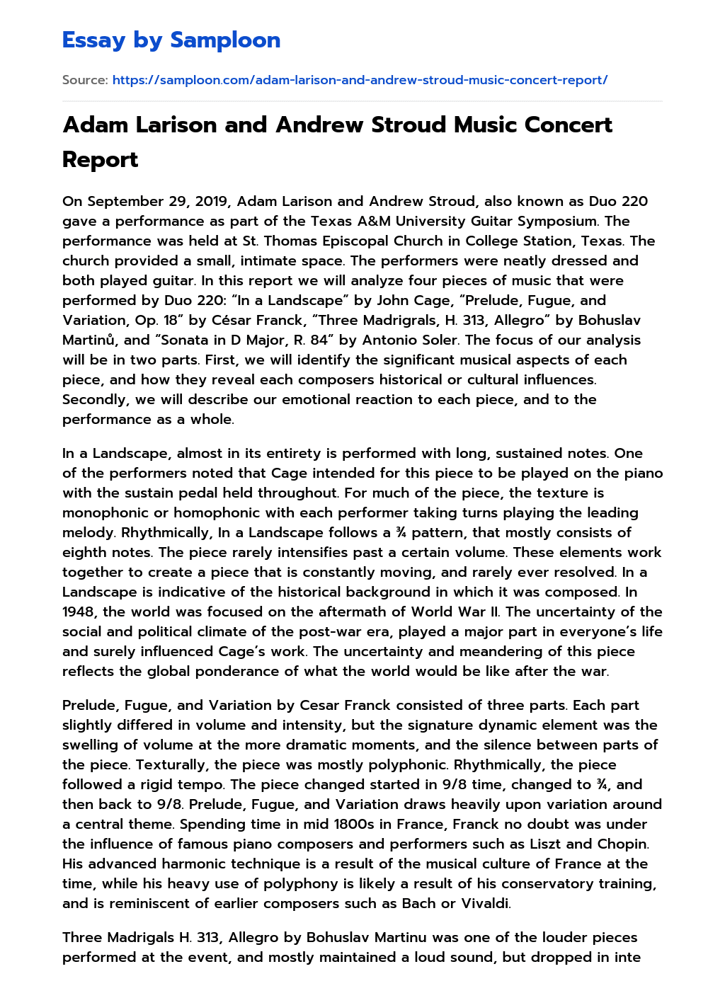 ≫ Adam Larison and Andrew Stroud Music Concert Report Free Essay Sample