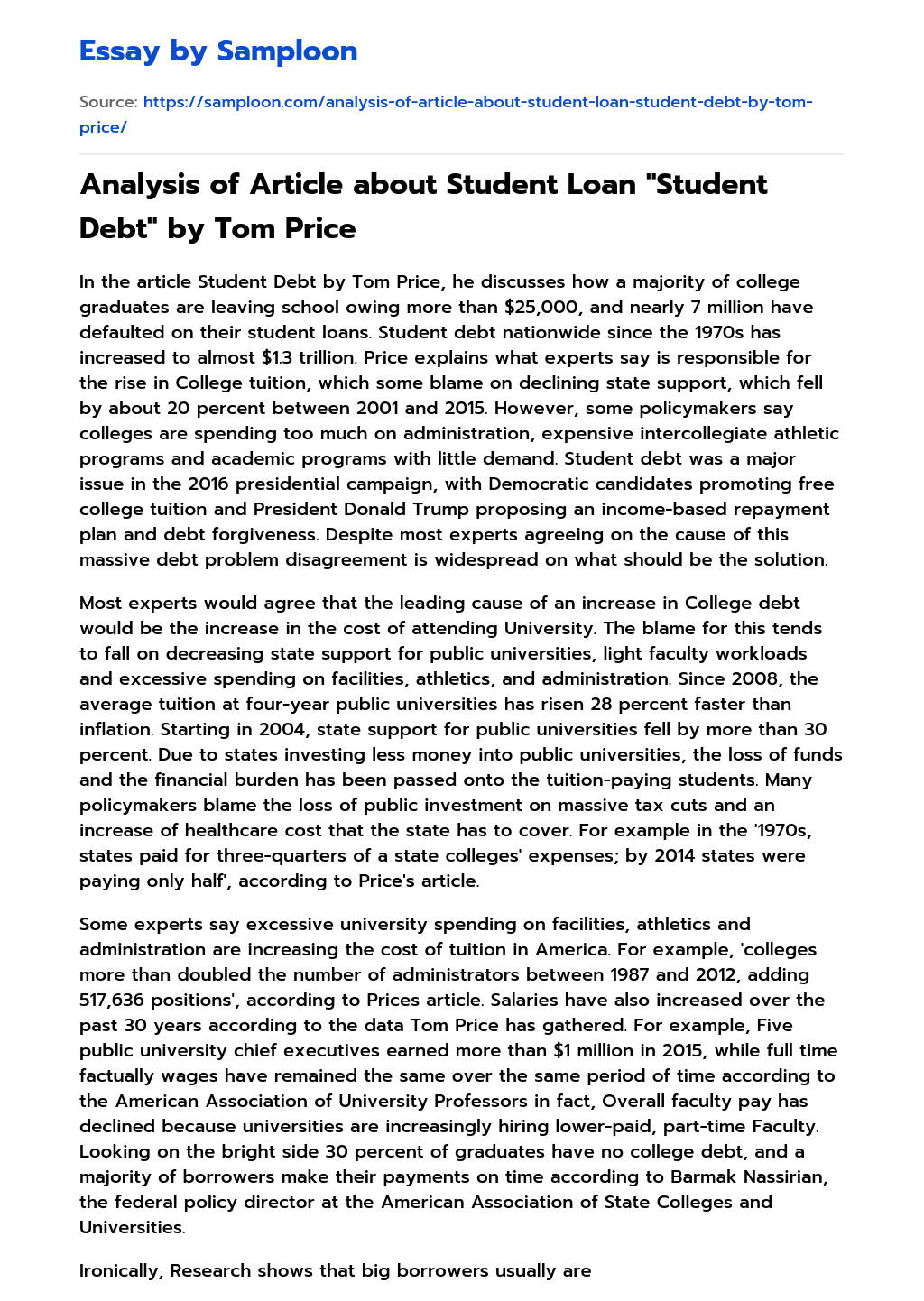 ≫ Analysis of Article about Student Loan "Student Debt" by Tom Price