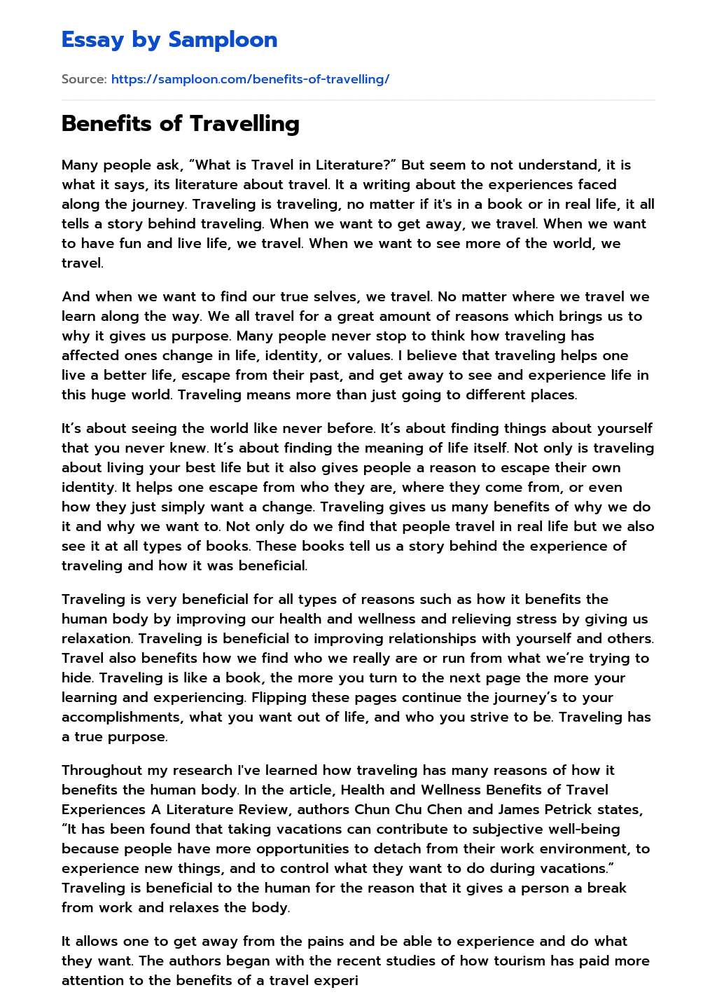 Benefits of Travelling Argumentative Essay on