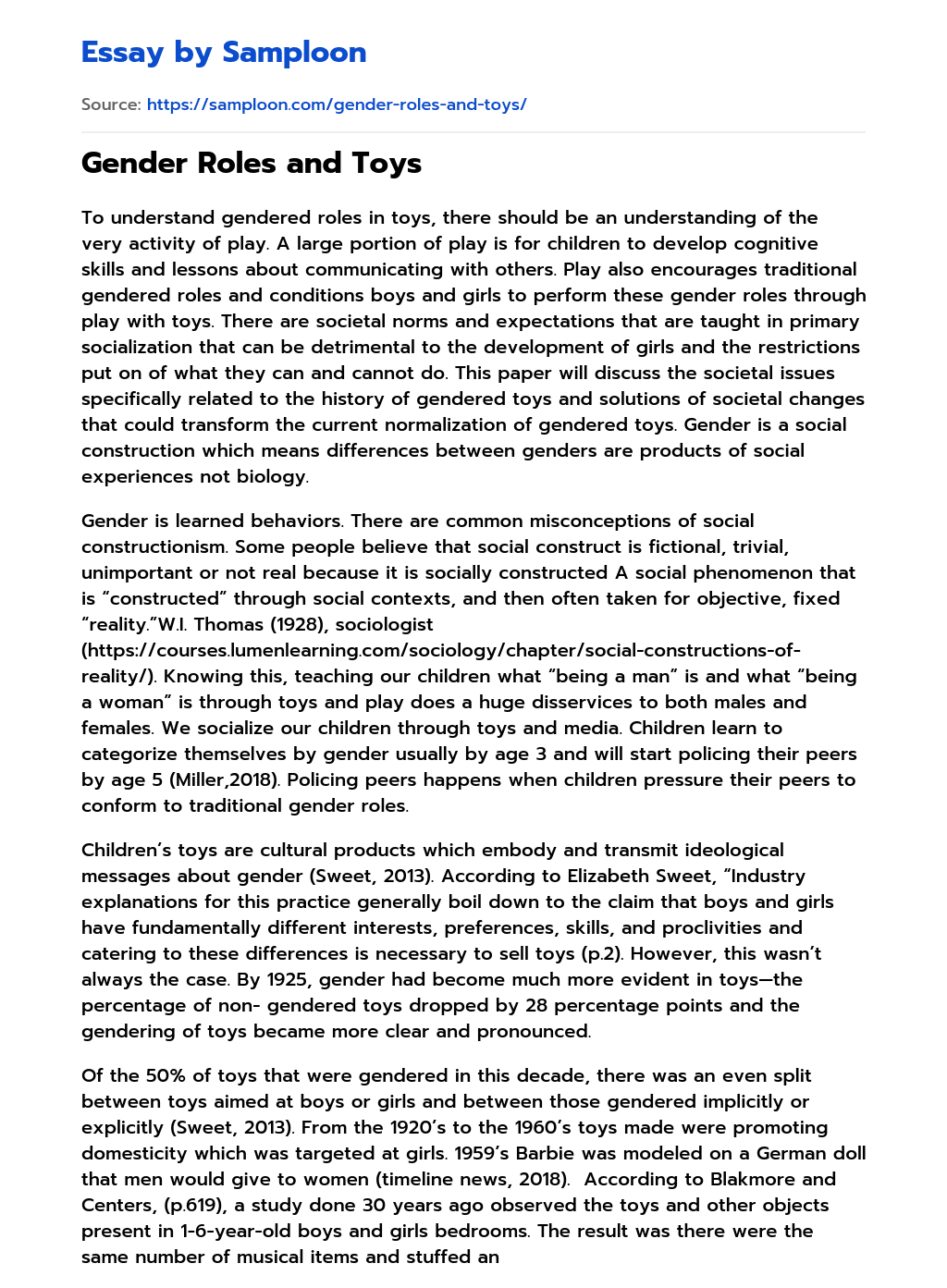 ≫ Gender Roles and Toys Free Essay Sample on