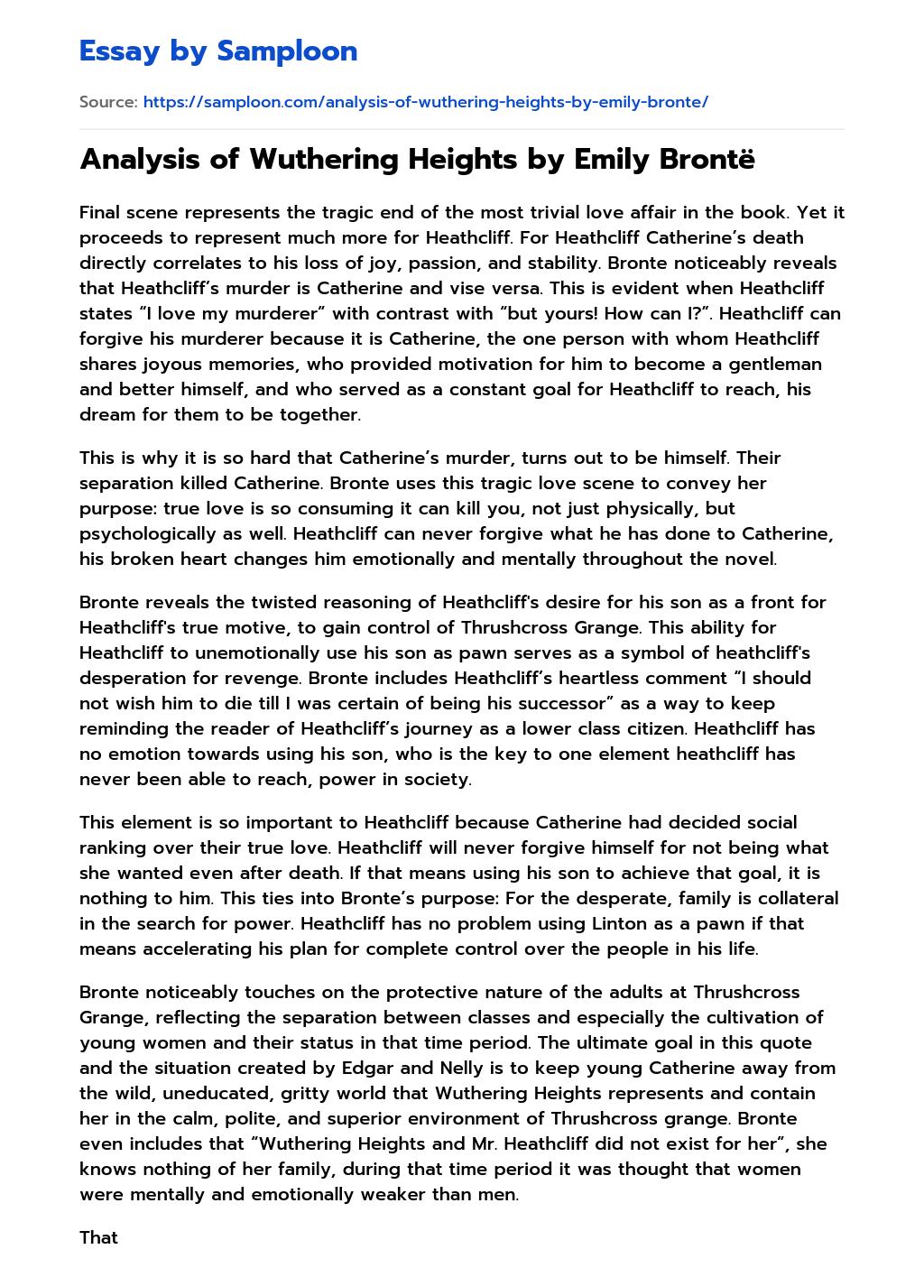 ≫ Analysis of Wuthering Heights by Emily Brontë Free Essay Sample on