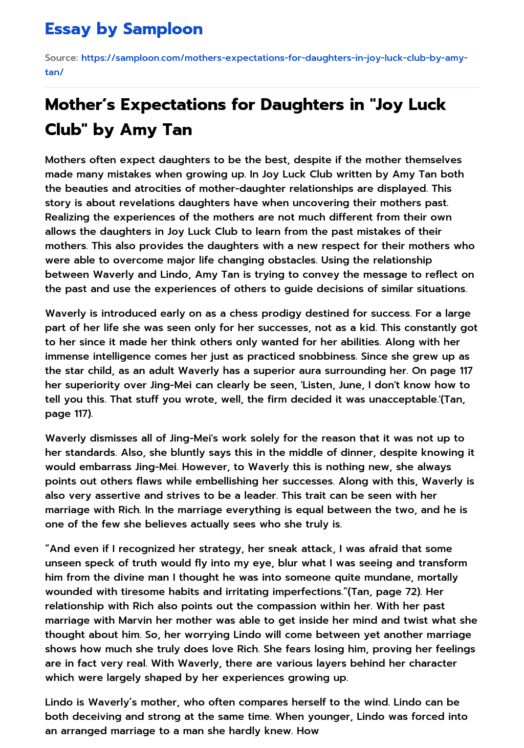 Mother’s Expectations for Daughters in "Joy Luck Club" by Amy Tan Free