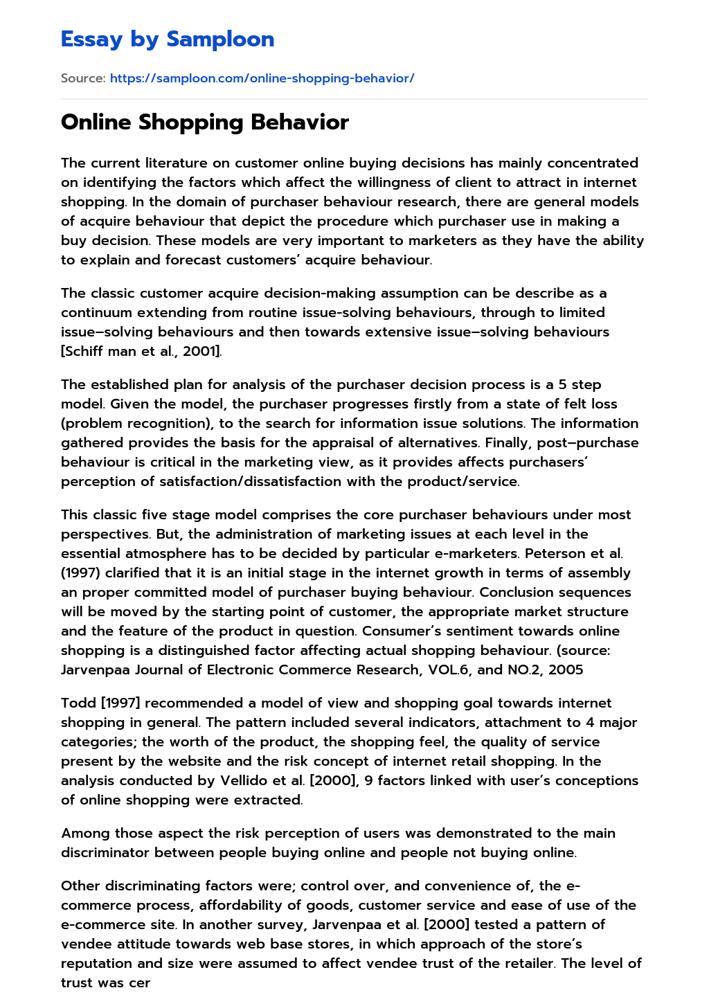 ≫ Online Shopping Behavior Free Essay Sample on