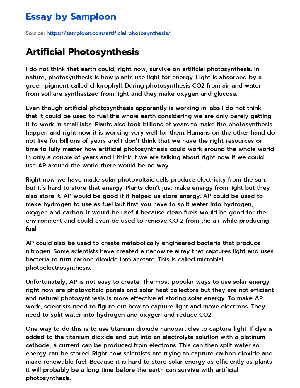 ≫ Artificial Photosynthesis Free Essay Sample on