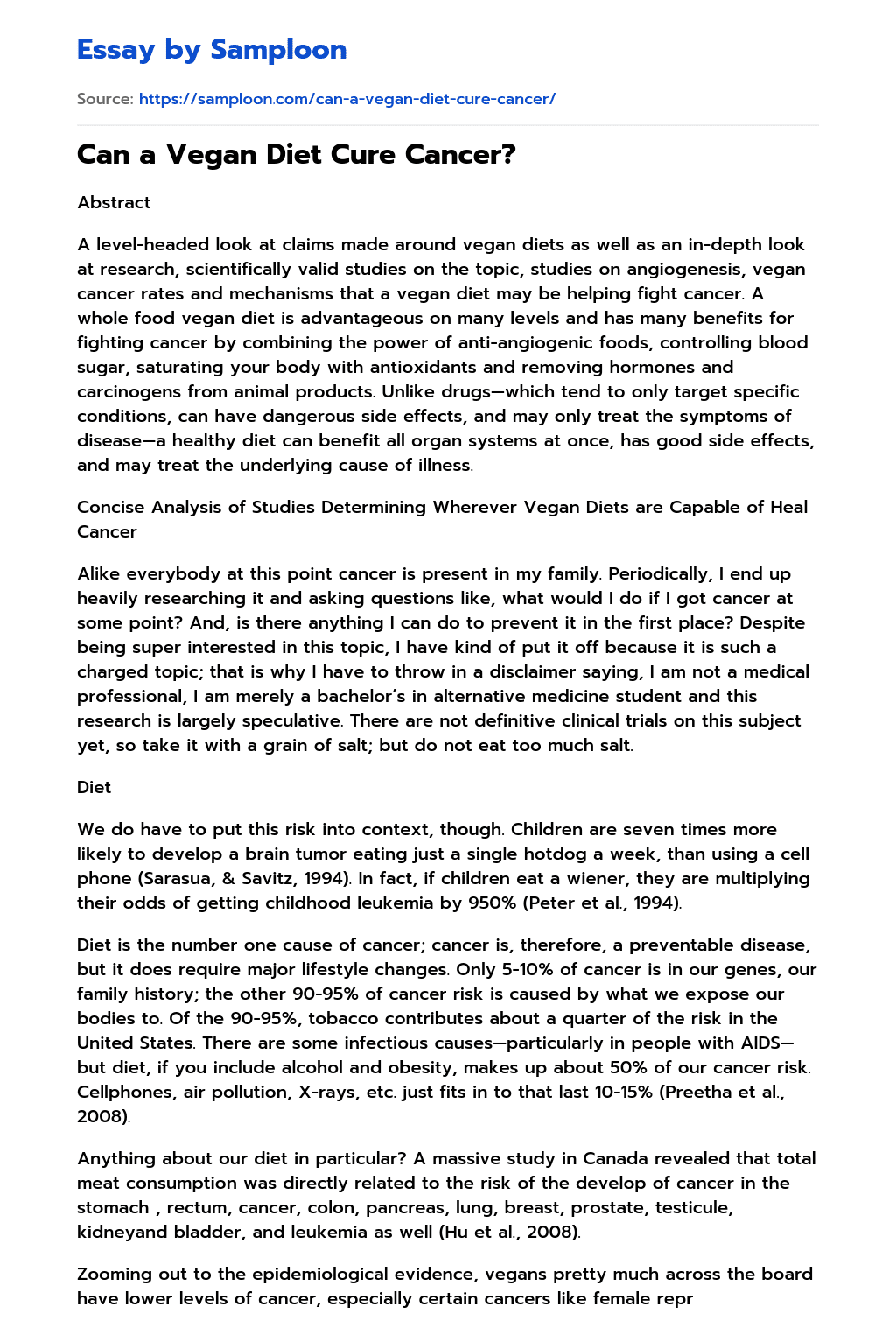 ≫ Can a Vegan Diet Cure Cancer? Free Essay Sample on