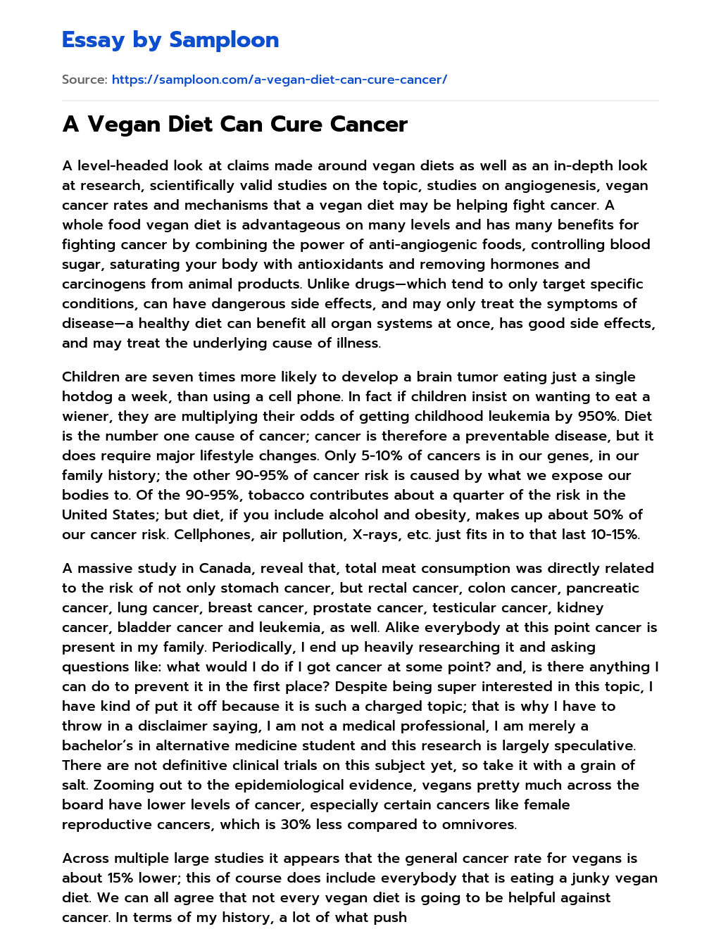 ≫ A Vegan Diet Can Cure Cancer Free Essay Sample on