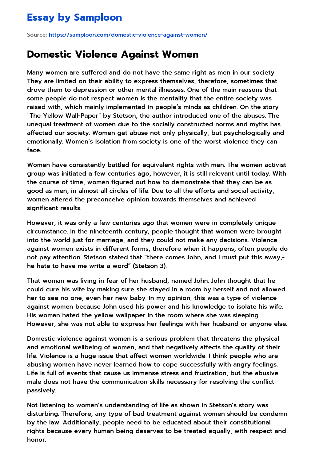 ≫ Domestic Violence Against Women Free Essay Sample on