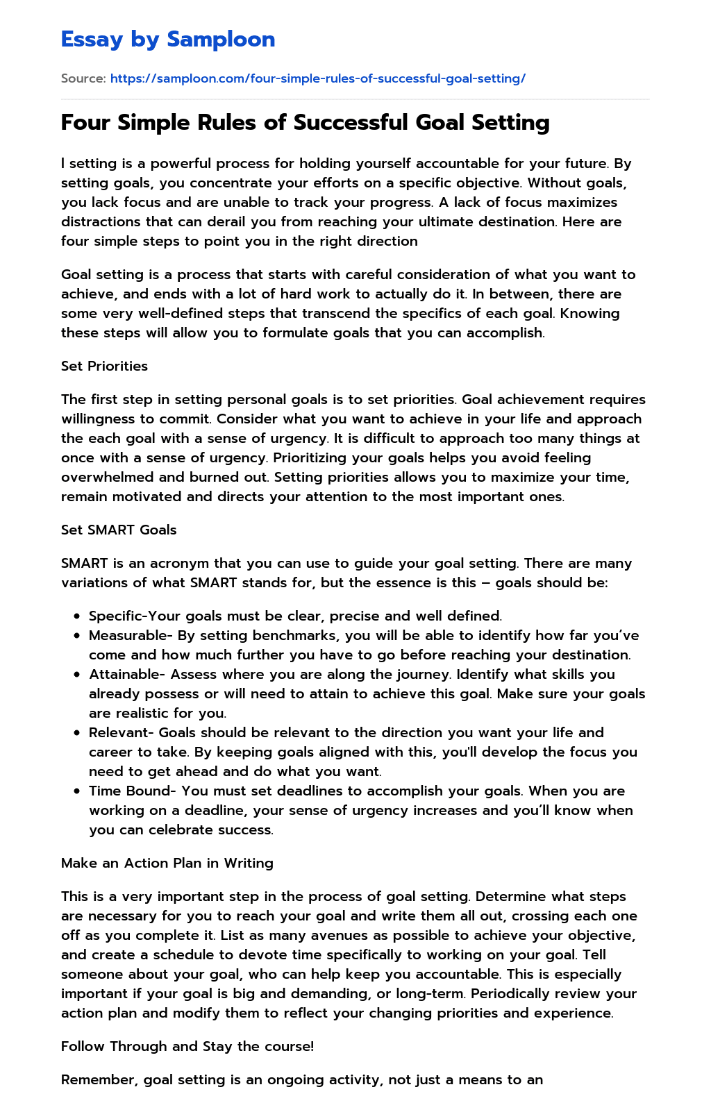 ≫ Four Simple Rules of Successful Goal Setting Free Essay Sample on